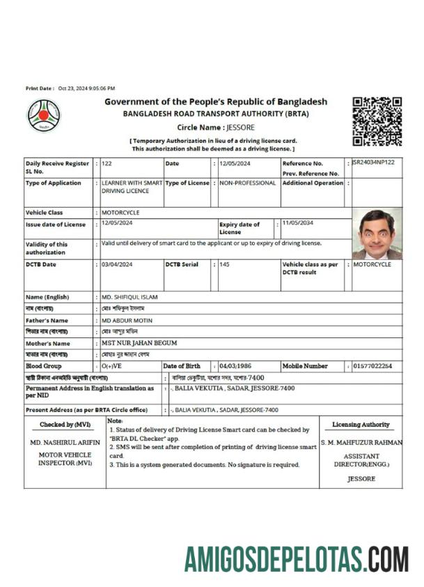 Autorização temporária de Bangladesh em vez de um modelo de carteira de motorista